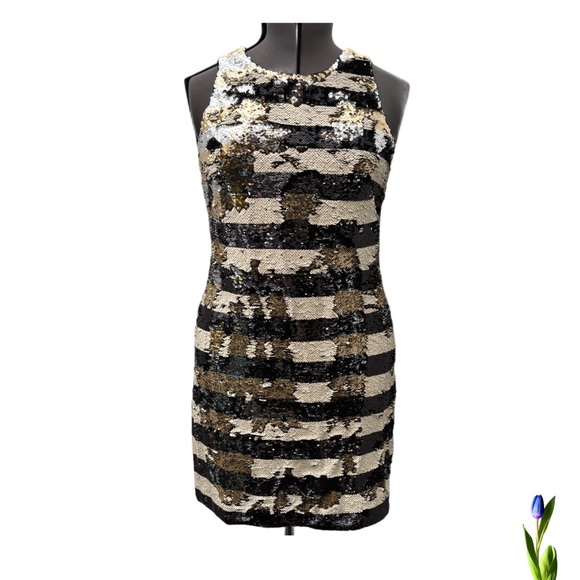 Eliza J Sequin Striped Shift Cocktail Dress Gold Black Reversible Sequin - Picture 1 of 5